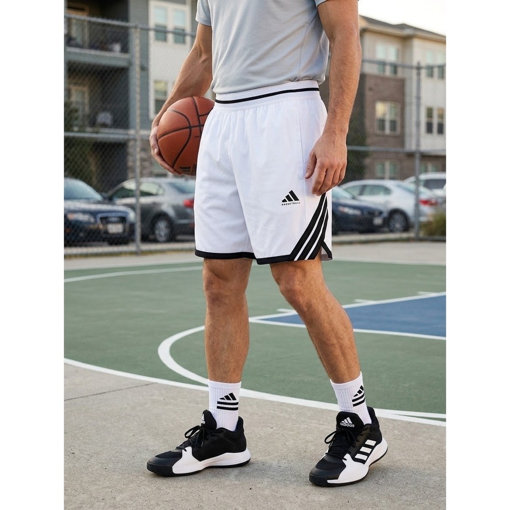 Adidas Basketball Shorts Mens White Black 3-Stripe Loose Fit 7" InseamSz 7''M